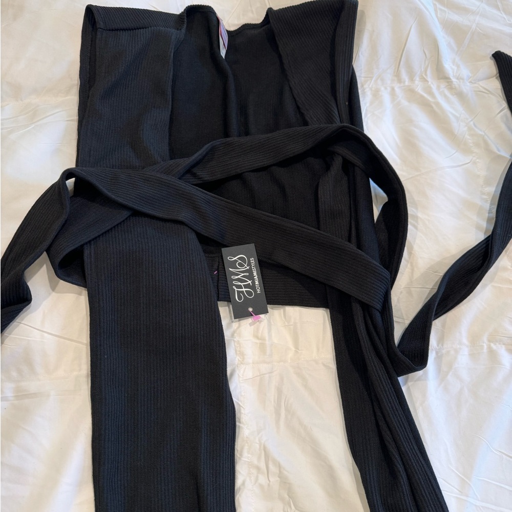 BLACK KNIT SLEEVELESS WRAP AROUND LEGGINGS TWO PIECE SET - Picture 5 of 6